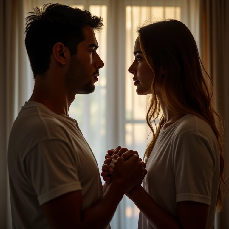 Casal de mãos dadas com expressões preocupadas em apartamento.