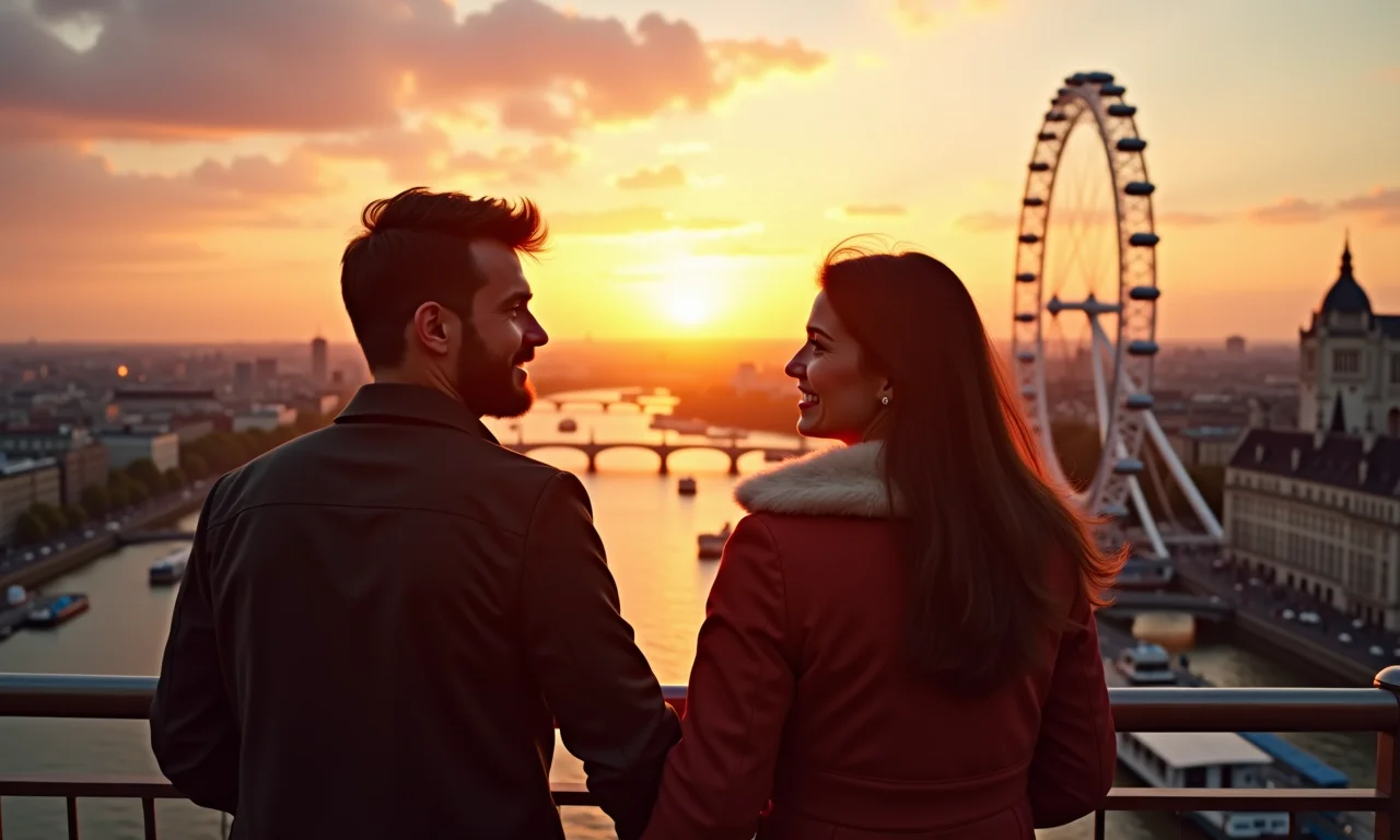 Casal de mãos dadas na London Eye, apreciando o pôr do sol durante roteiro romântico de lua de mel em Londres.