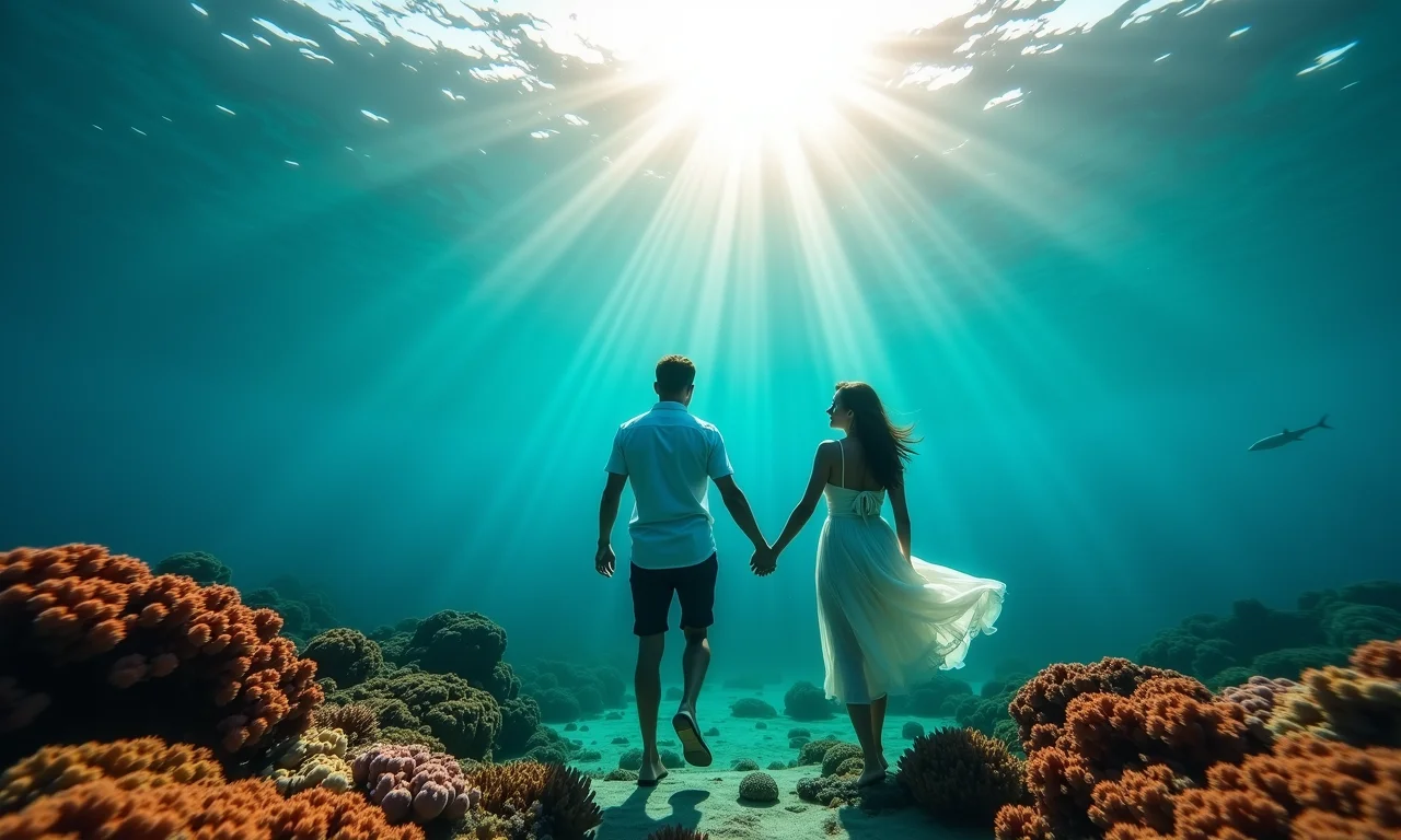 Casal de mãos dadas no mar cristalino durante a lua de mel.