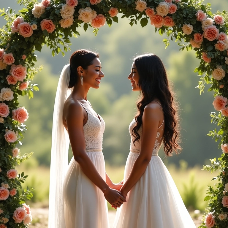 Casal de noivas celebrando casamento homoafetivo sob arco de flores.
