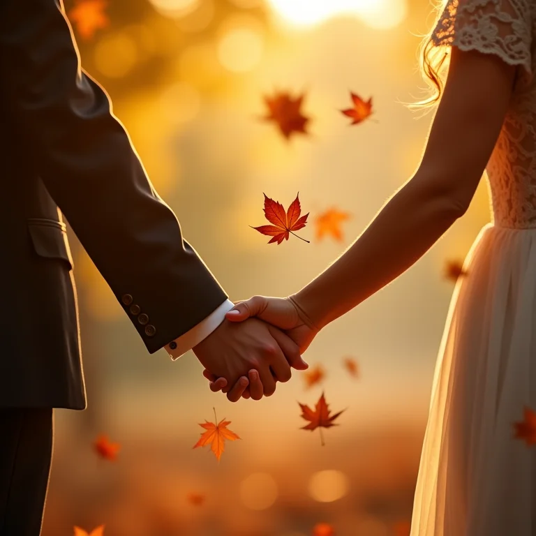 Casal de noivos de mãos dadas com folhas secas caindo