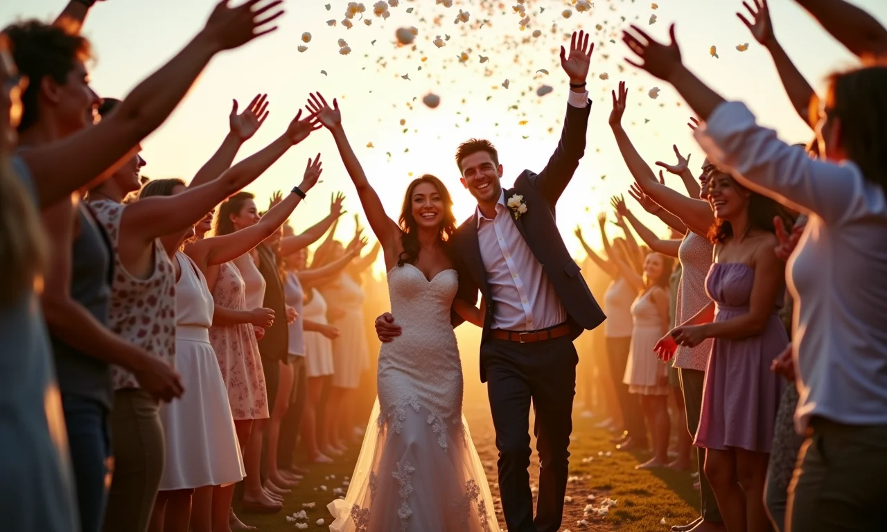 Casal de noivos sorrindo enquanto convidados jogam pétalas de flores durante o cortejo de saída.