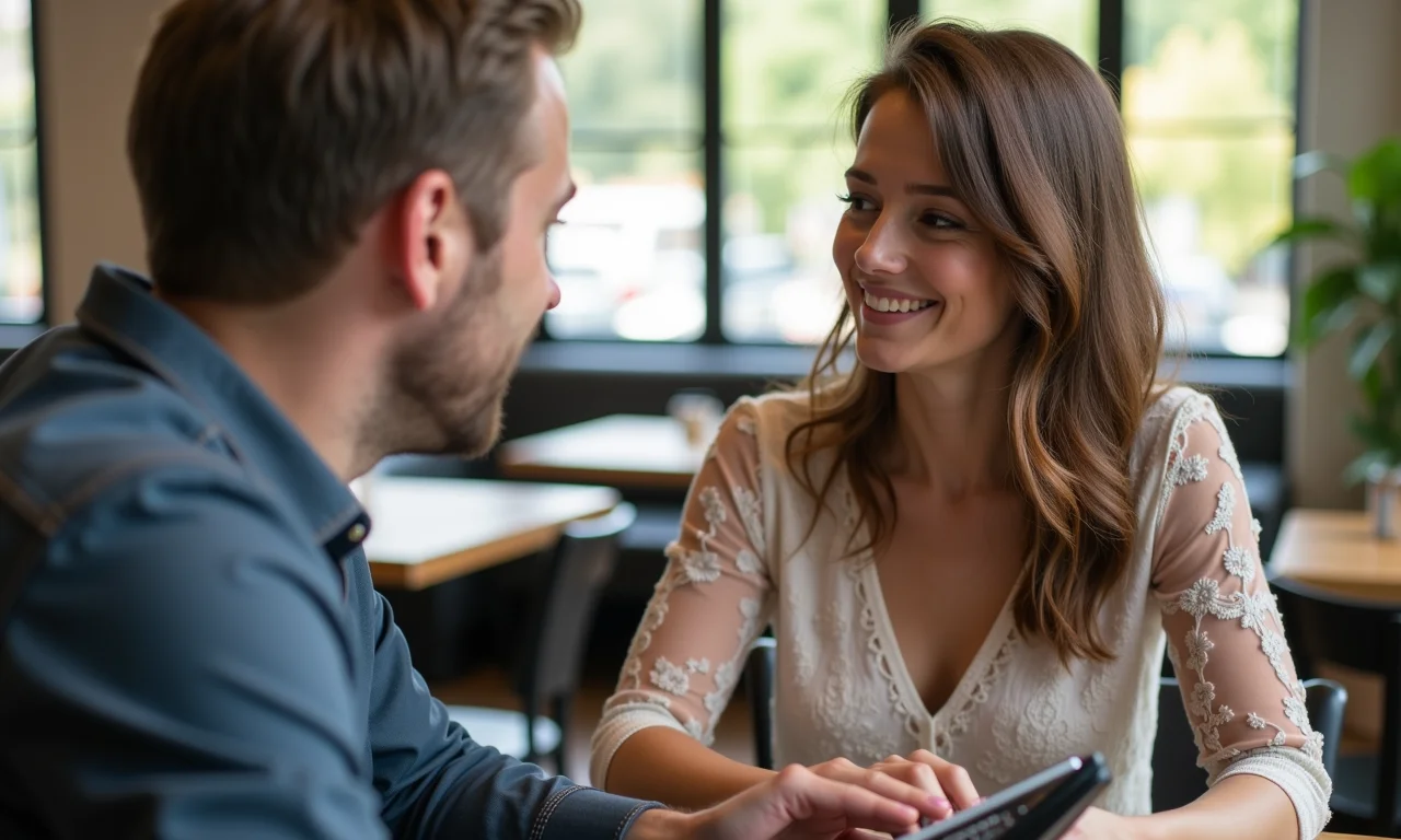 Casal discute orçamento de casamento em restaurante.