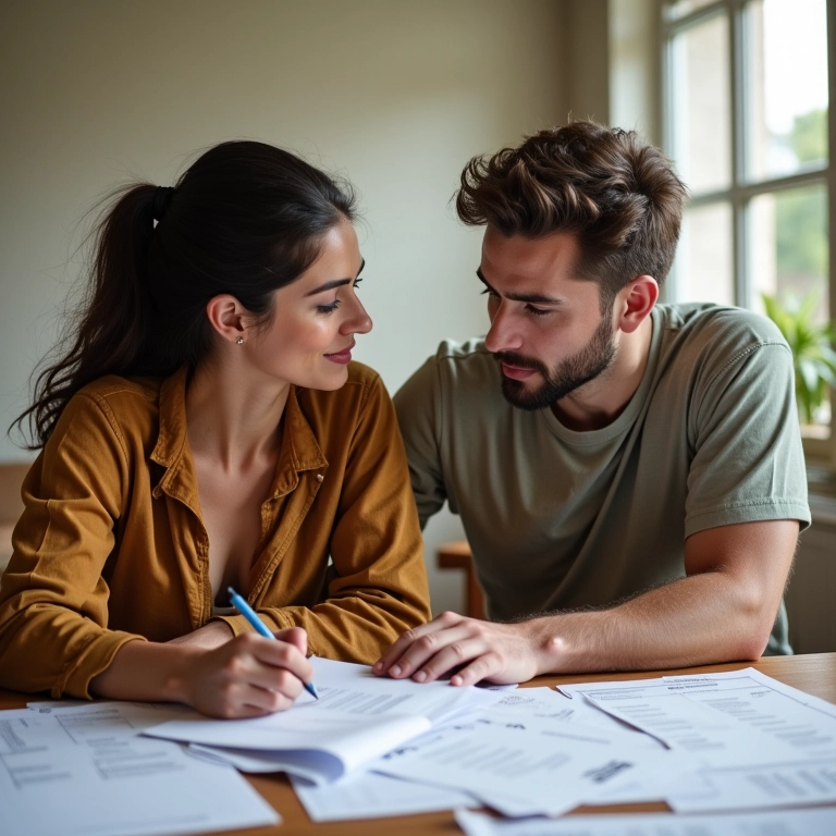 Casal discutindo a lista de convidados do casamento.
