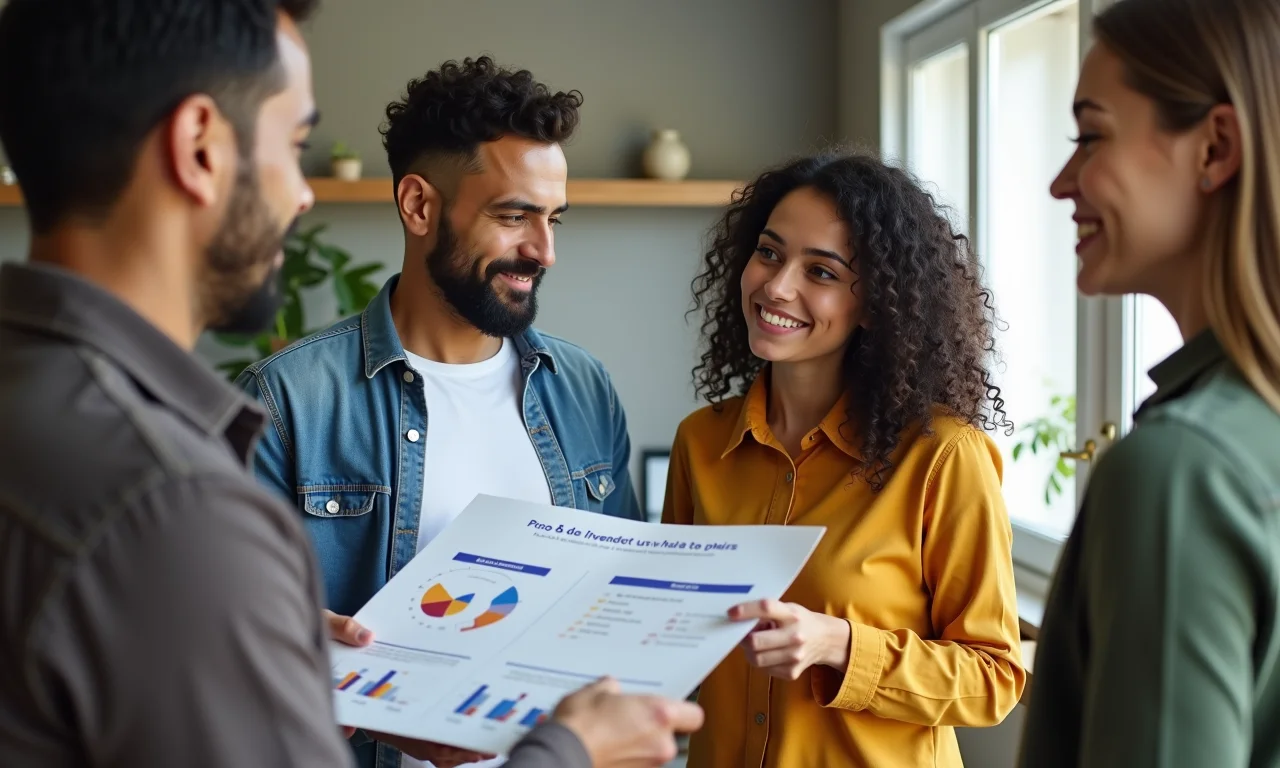 Casal discutindo opções de financiamento com gráficos de prós e contras.