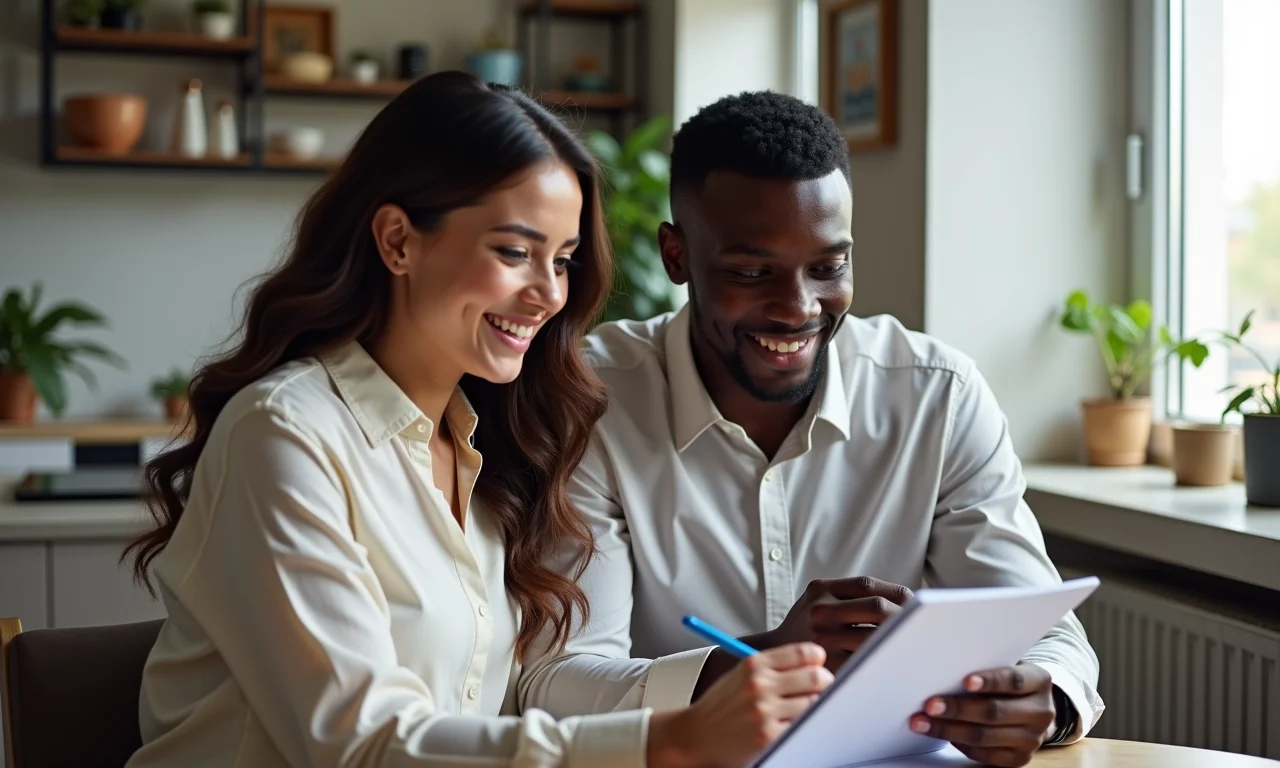 Casal discutindo orçamento de casamento em apartamento.