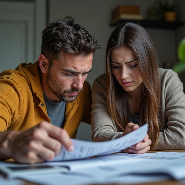 Casal discutindo por causa de dívidas em ambiente doméstico.
