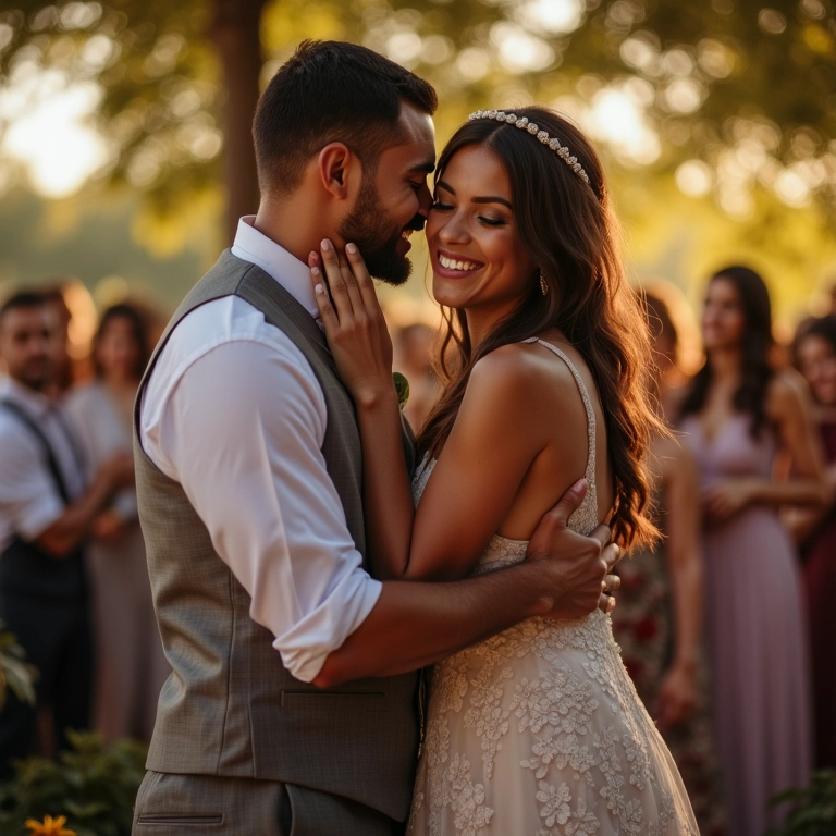 Casal diverso se abraçando após casamento ecumênico.