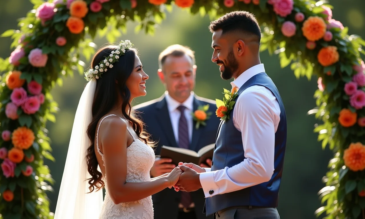 Casal diverso trocando votos em casamento vibrante no Brasil, decoração inspirada na Farm Rio.