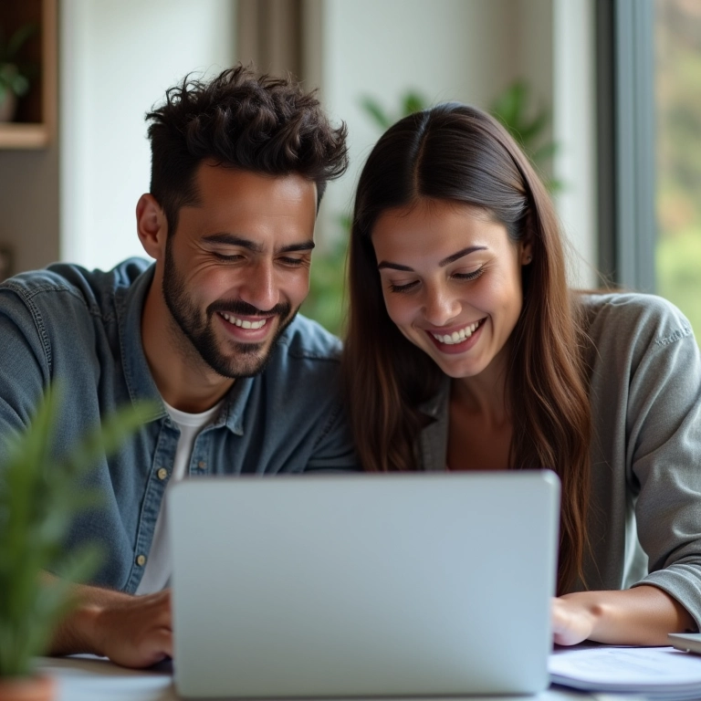 Casal dividindo despesas em planilha no laptop com sorriso.