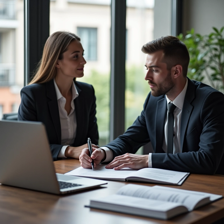 Casal e advogado alterando contrato de união estável.
