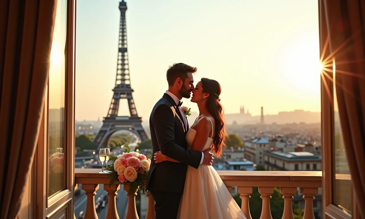 Casal em lua de mel aproveitando vista romântica da Torre Eiffel de uma varanda parisiense.