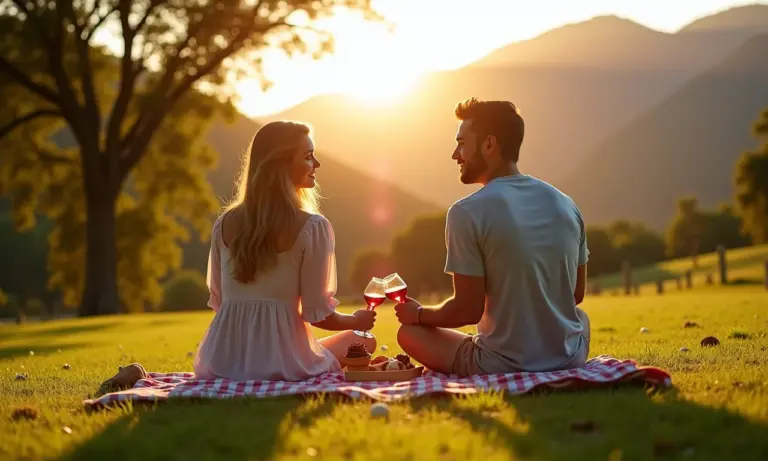 Casal em piquenique romântico em Canela com vista para as montanhas.