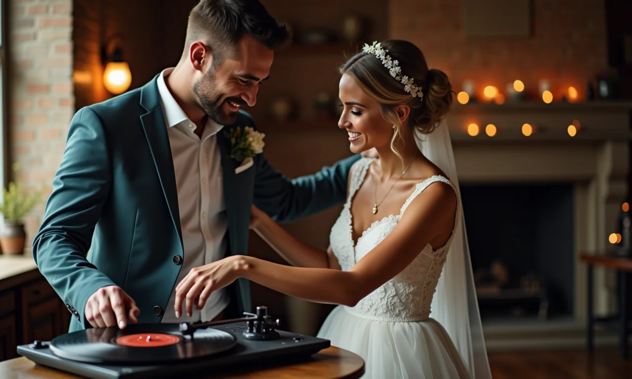 Casal escolhendo a música para a primeira dança, ouvindo vinil.
