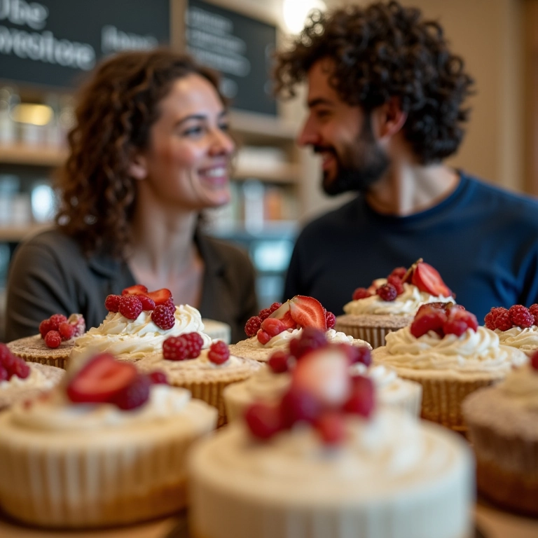 Casal escolhendo amostras de bolo de casamento.
