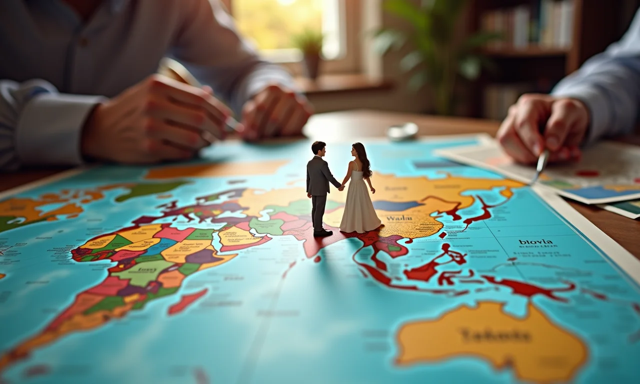 Casal escolhendo destino de casamento no mapa.