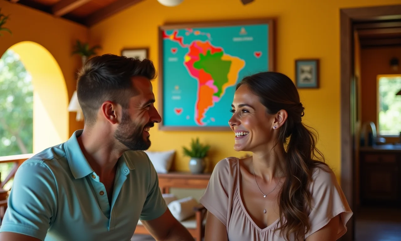 Casal escolhendo o destino da lua de mel com mapa do Brasil ao fundo.