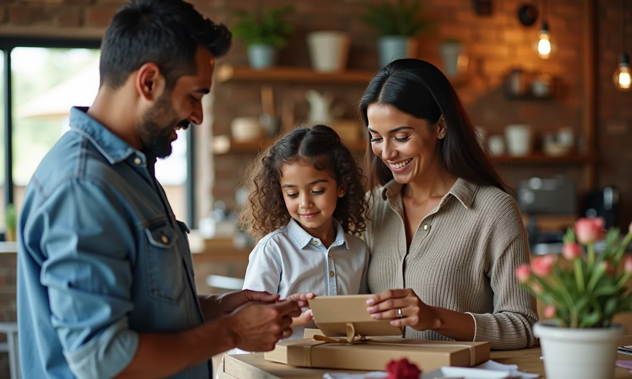 Casal escolhendo presentes personalizados para os padrinhos em mercado de artesanato.