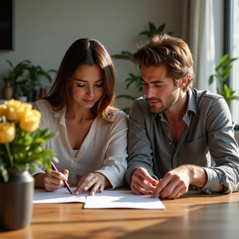 Casal escrevendo cartões de agradecimento após o casamento.