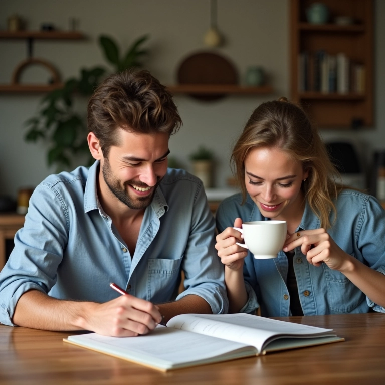 Casal escrevendo em diário de viagem em casa, um escrevendo e outro bebendo café.
