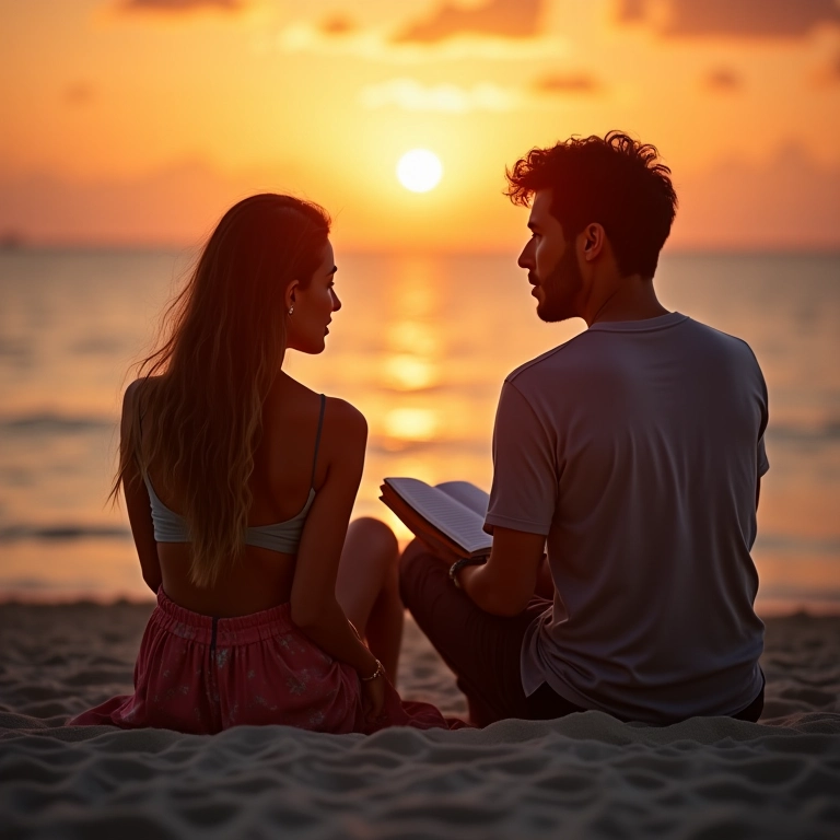Casal escrevendo em diário de viagem na praia ao pôr do sol.