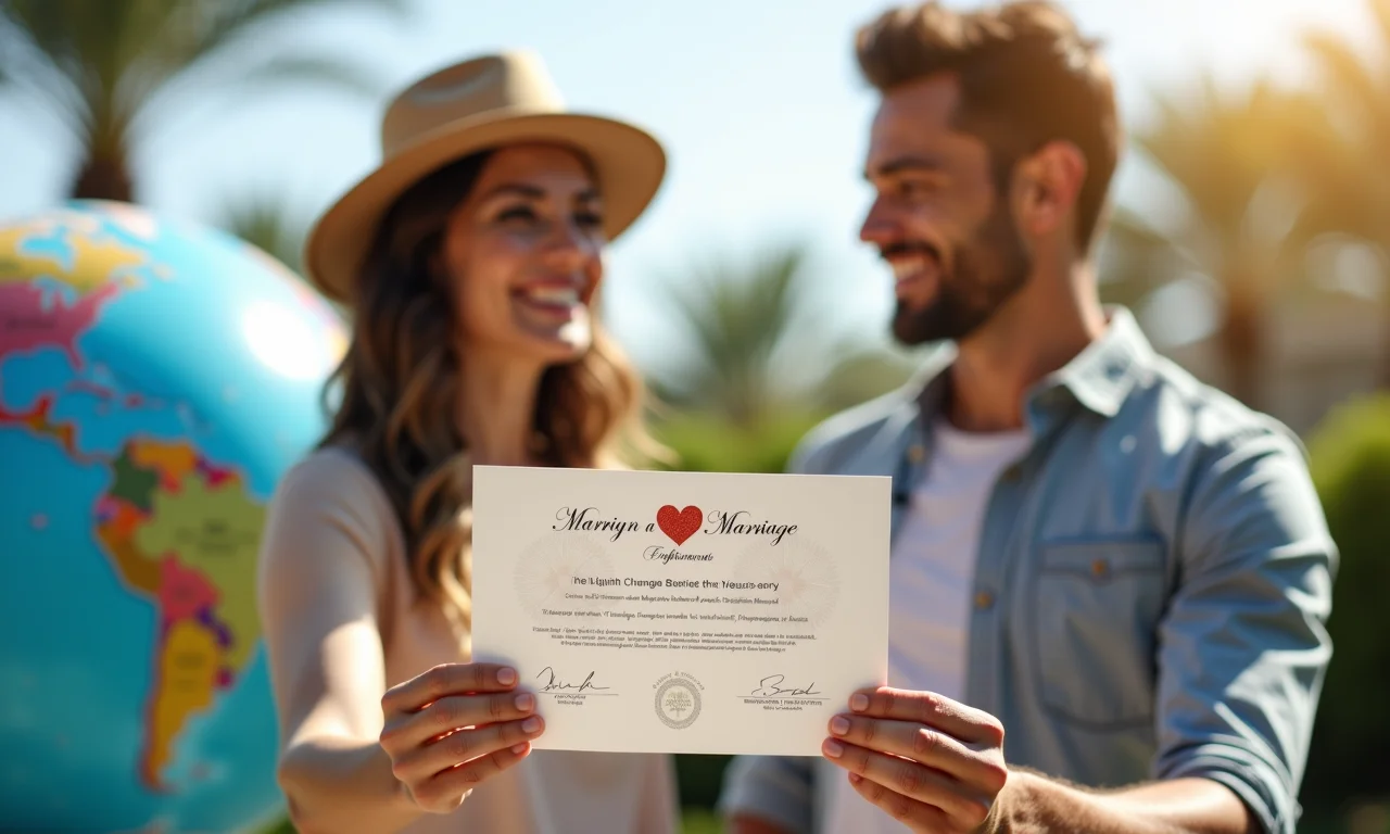 Casal exibe certidão de casamento com um globo terrestre ao fundo.