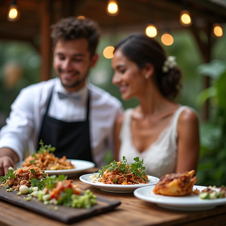 Casal experimentando cardápio de casamento com chef.
