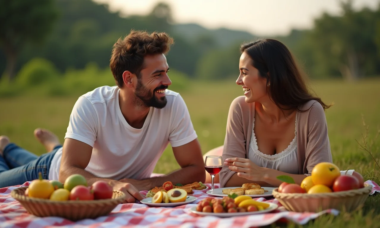 Casal fazendo um piquenique com comida caseira e frutas locais.