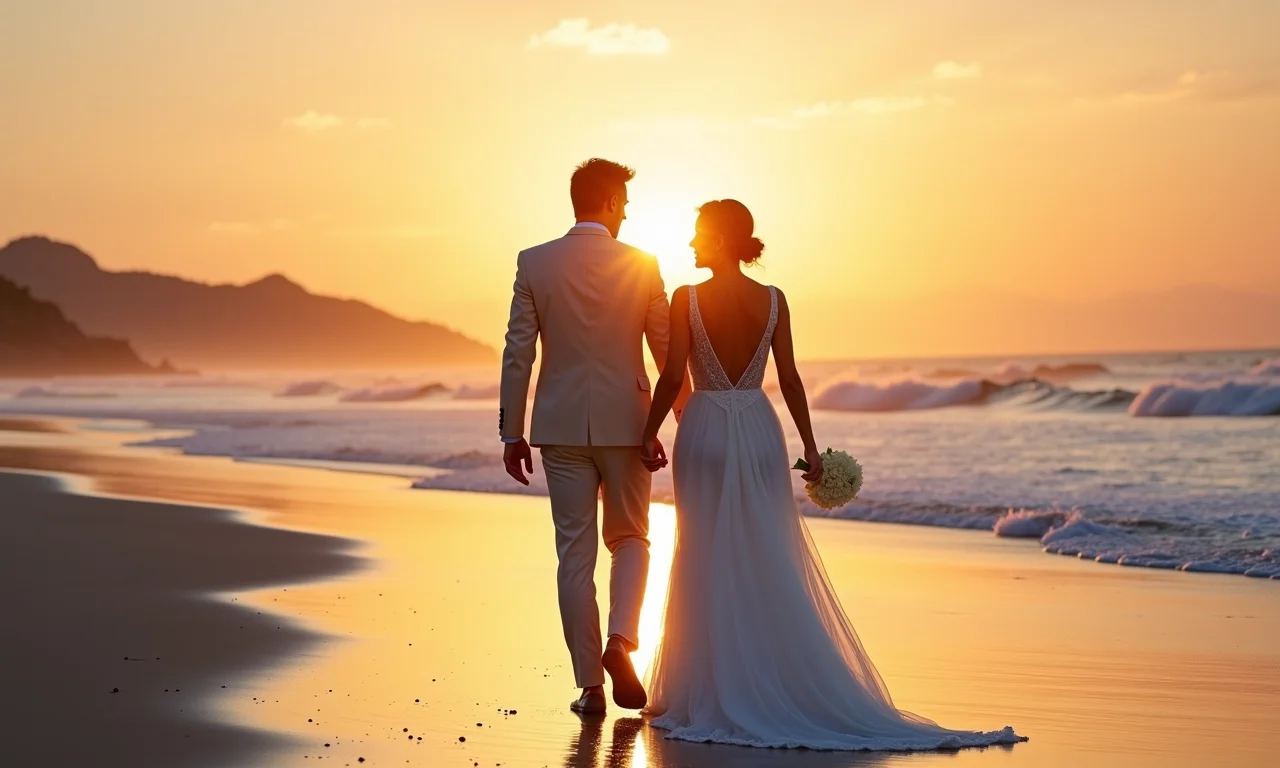 Casal feliz caminhando na praia após o casamento.