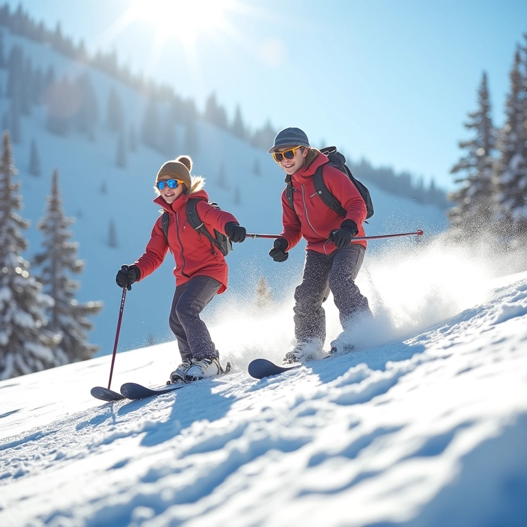 Casal feliz esquiando em Aspen durante a lua de mel na neve.