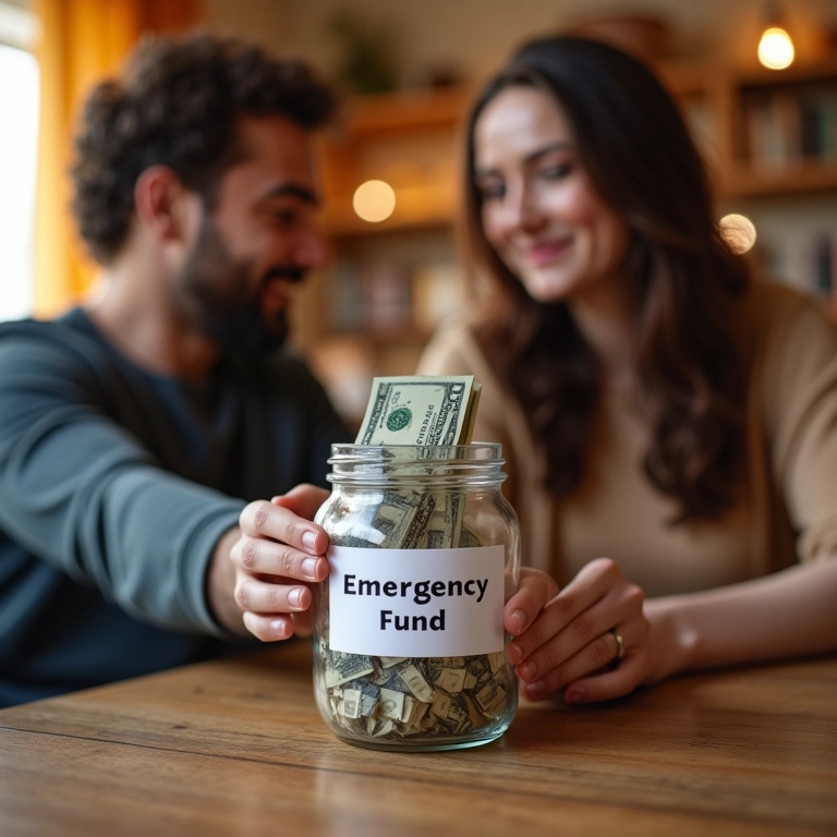 Casal guardando dinheiro em pote de emergência.