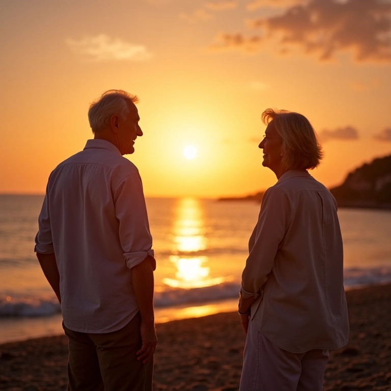 Casal idoso planejando a aposentadoria na praia.