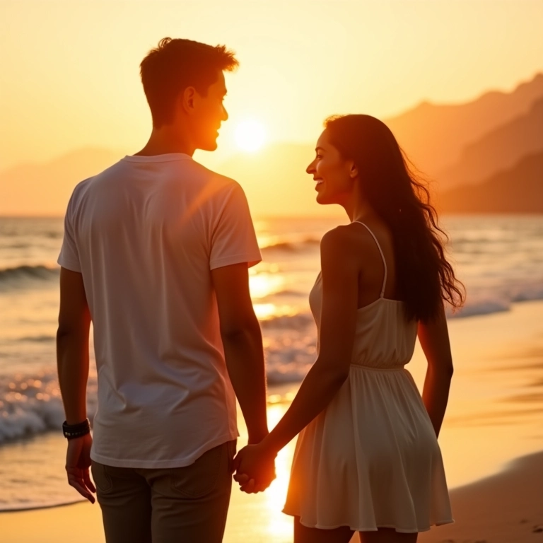 Casal interracial de mãos dadas na praia de Ipanema.