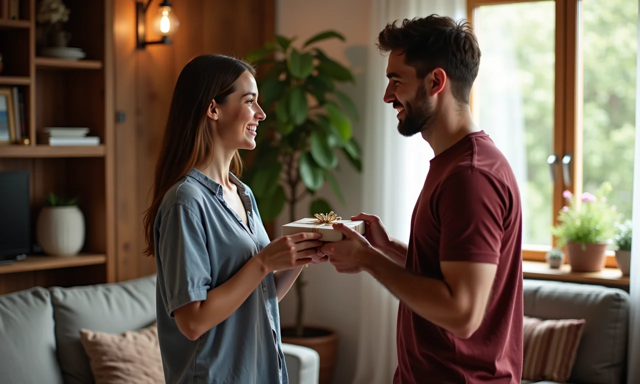 Casal jovem trocando presentes de papel em comemoração às bodas de papel.
