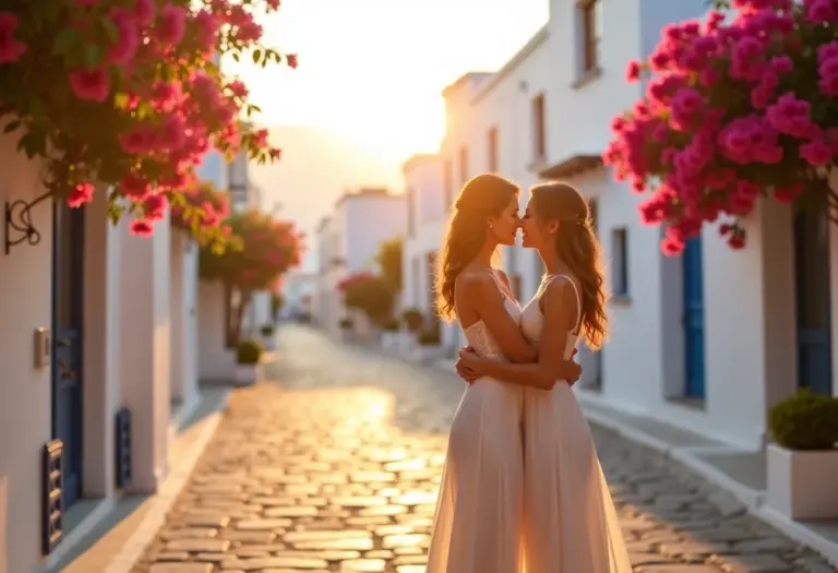 Casal LGBTQIA+ se abraçando em Mykonos ao pôr do sol