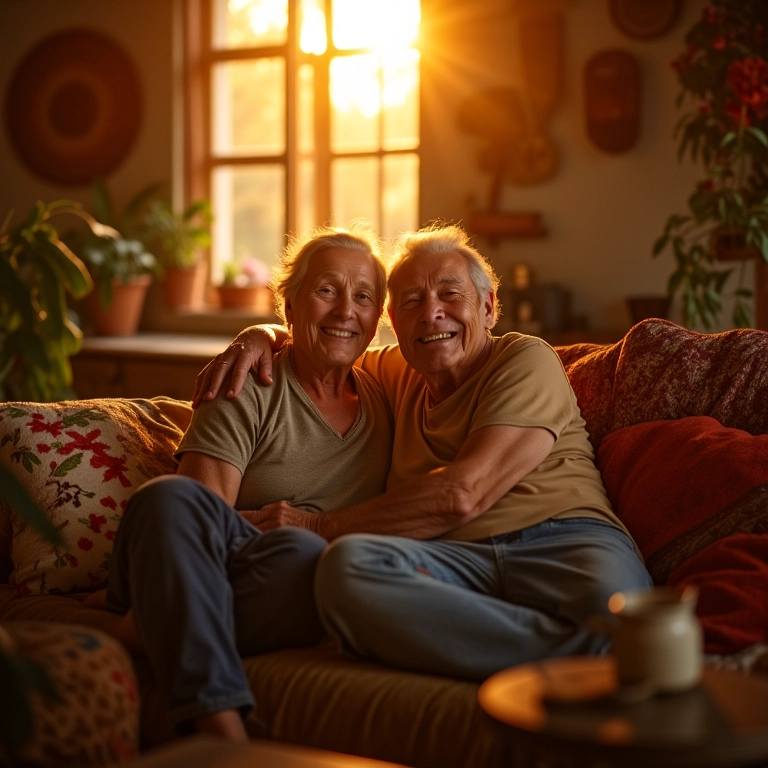 Casal maduro se abraçando em sala ensolarada com decoração brasileira vibrante.