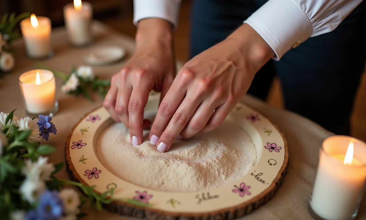 Casal personalizando a cerimônia das areias com flores e velas.