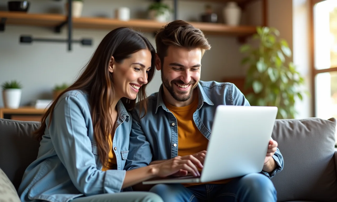 Casal pesquisando locais para casamento com bom custo-benefício online.