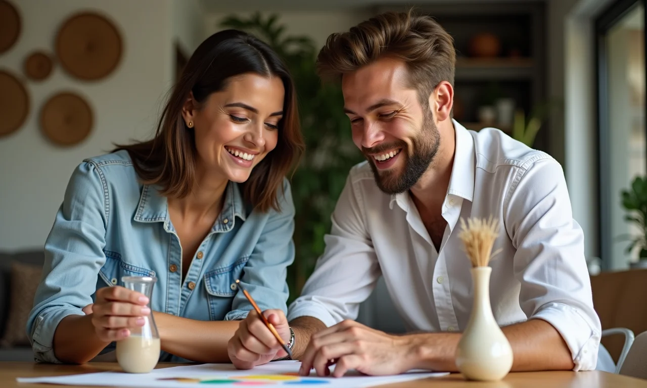 Casal planeja a cerimônia das areias escolhendo cores e vaso.