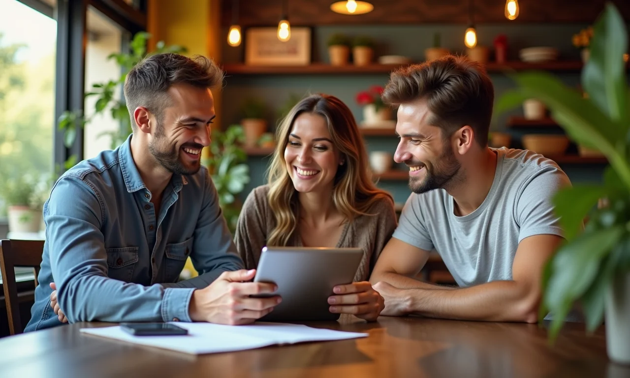 Casal planeja casamento com consultora local em café ensolarado.