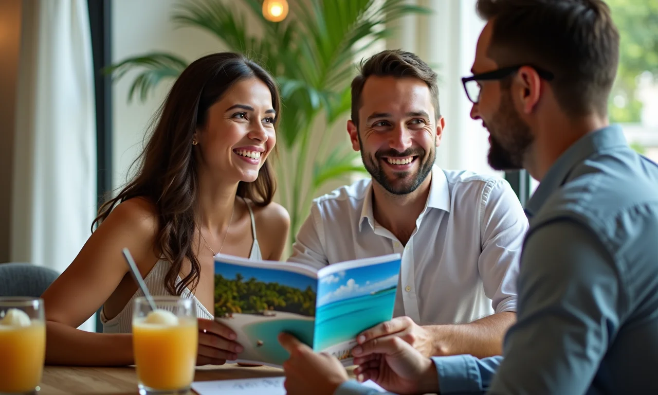 Casal planejando a lua de mel com a cerimonialista.