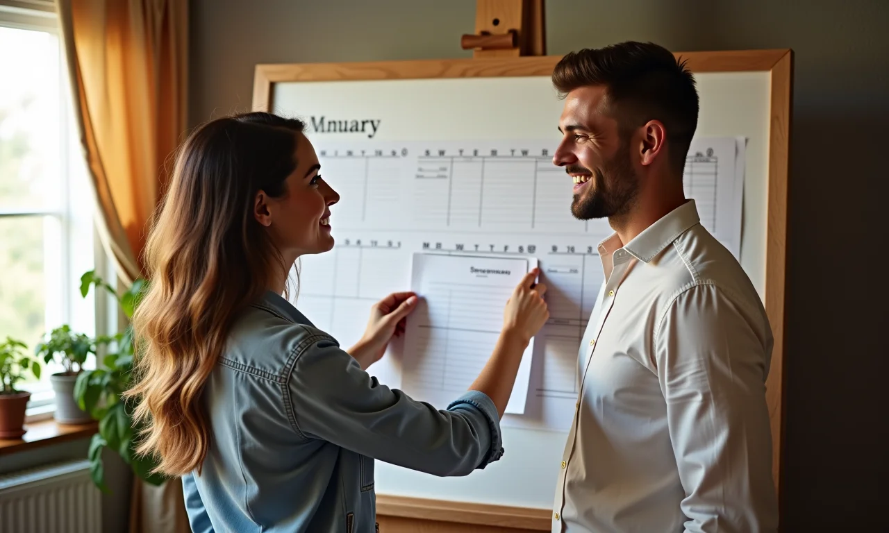 Casal planejando a reserva do local do casamento com antecedência.
