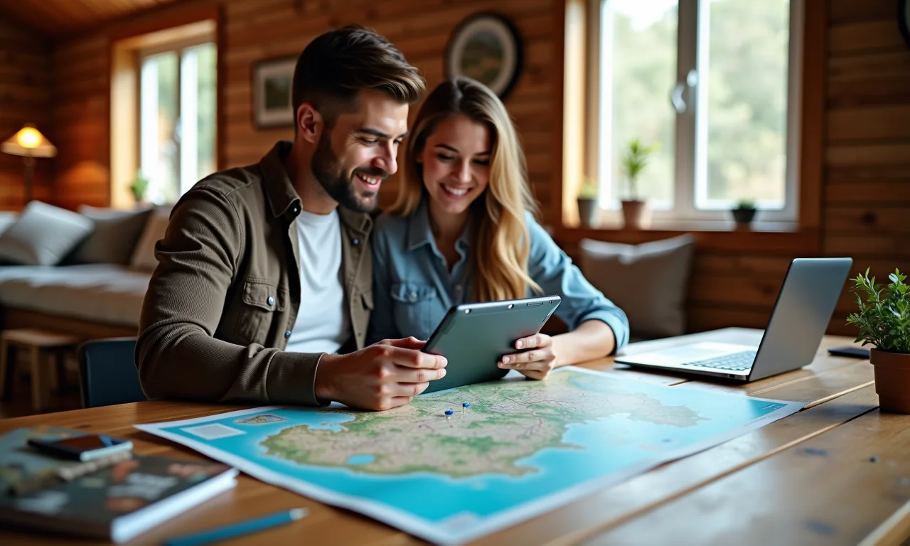 Casal planejando lua de mel em Canela com mapa e tablet.
