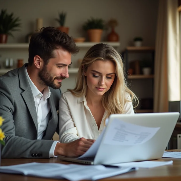Casal planejando o orçamento do casamento.