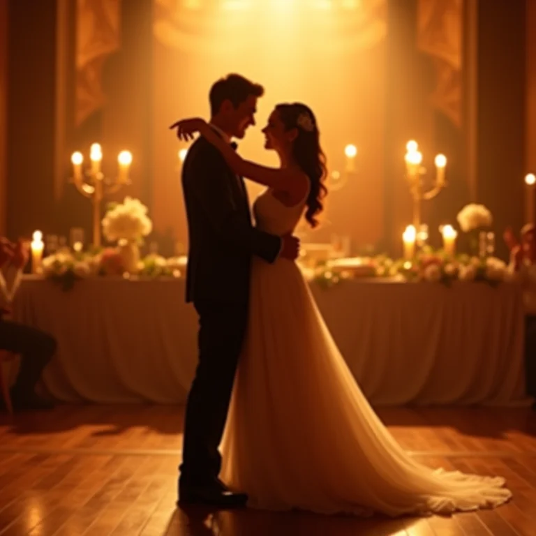 Casal praticando a primeira dança de casamento em salão elegante