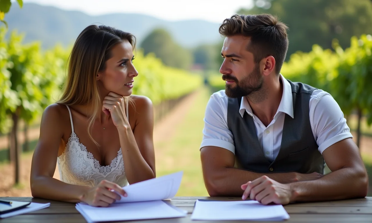 Casal preocupado com os custos do casamento na vinícola.