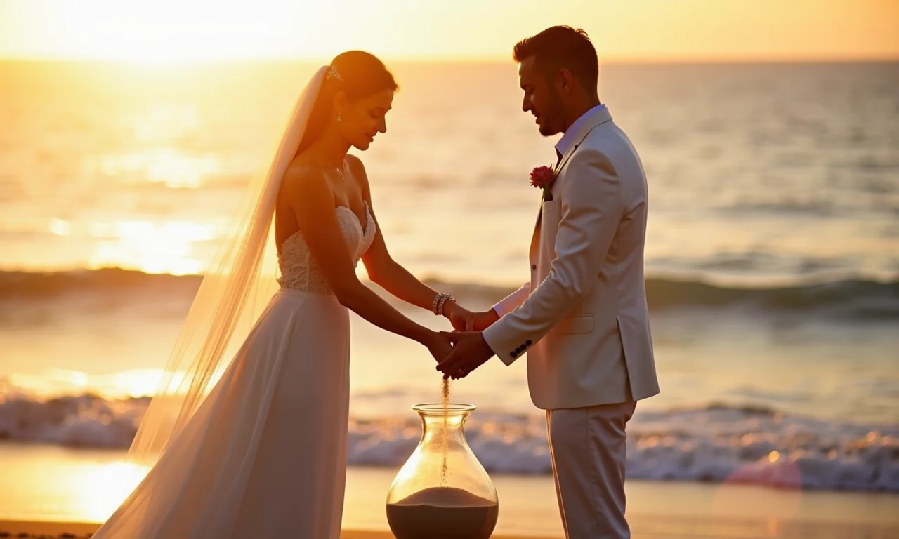 Casal realizando cerimônia das areias na praia ao pôr do sol.
