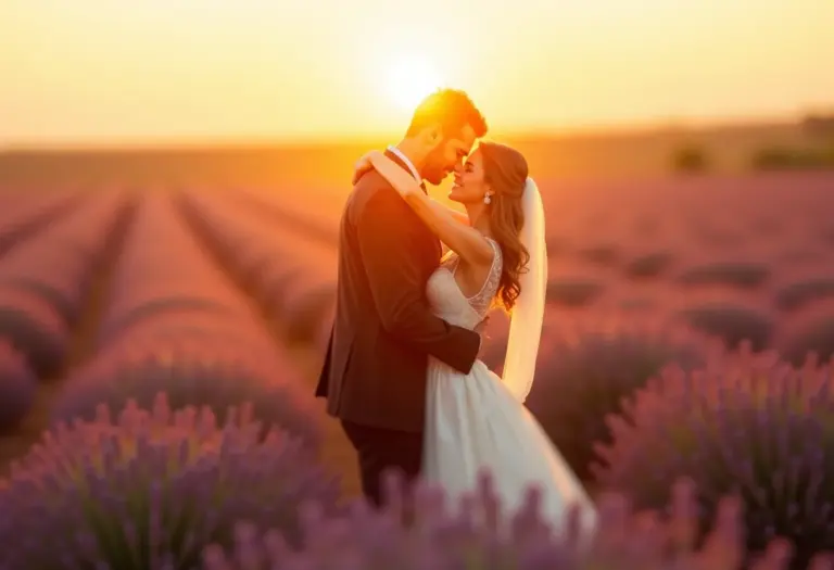 Casal recém-casado se abraçando em um campo de lavanda ao pôr do sol.