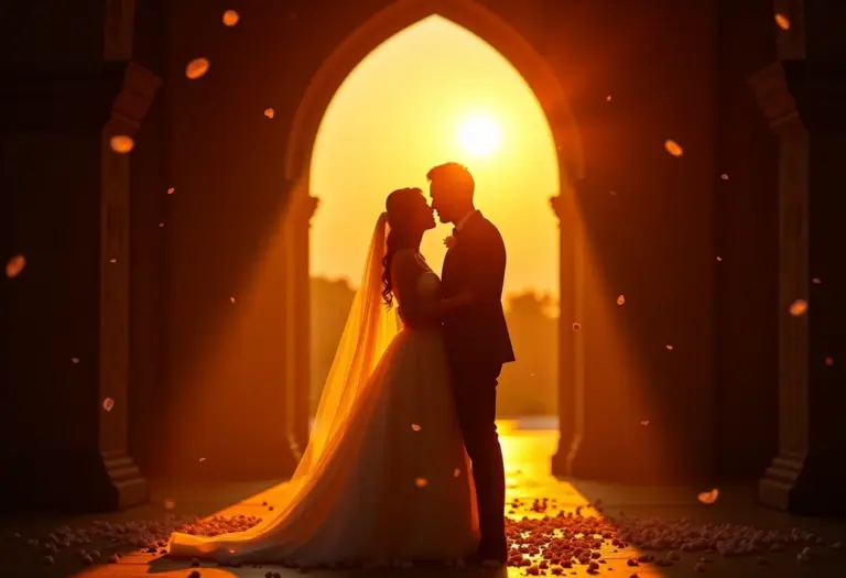 Casal recém-casado sob chuva de pétalas ao pôr do sol