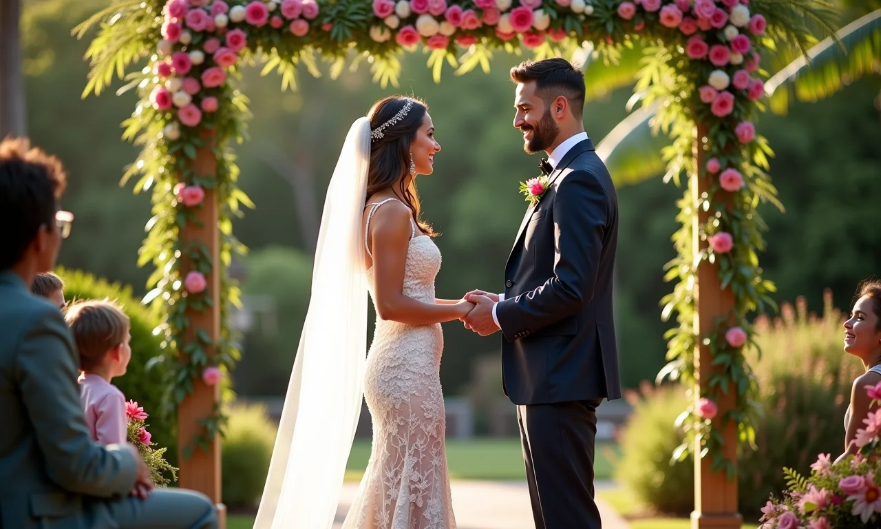 Casal renovando votos em jardim vibrante e decorado.